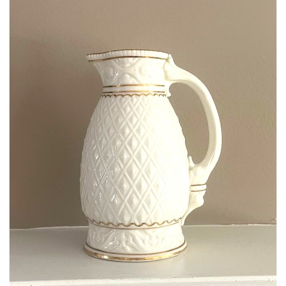 Vintage Ivory, Gold Trim, Porcelain Tall Creamer / Pitcher, Diamond Textured